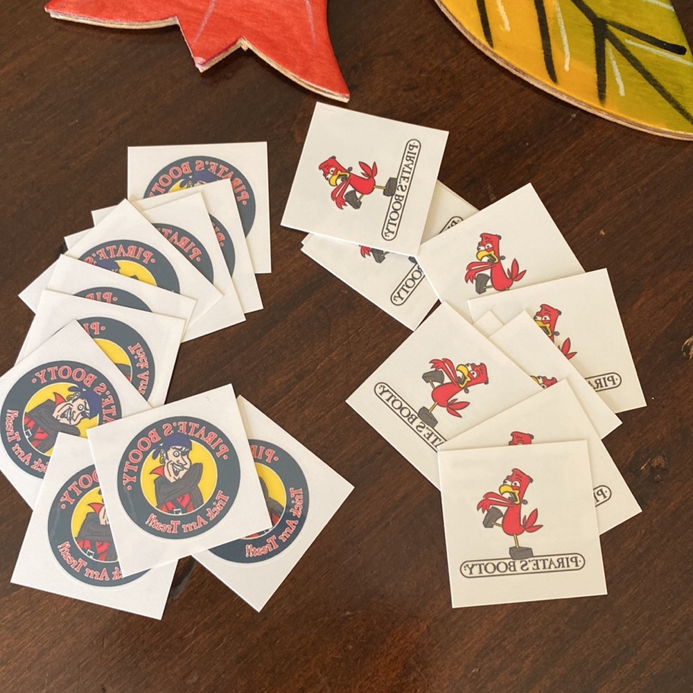 Halloween Pirate’s Booty temporary tattoos  “trick arrr treat” pirate & parrot